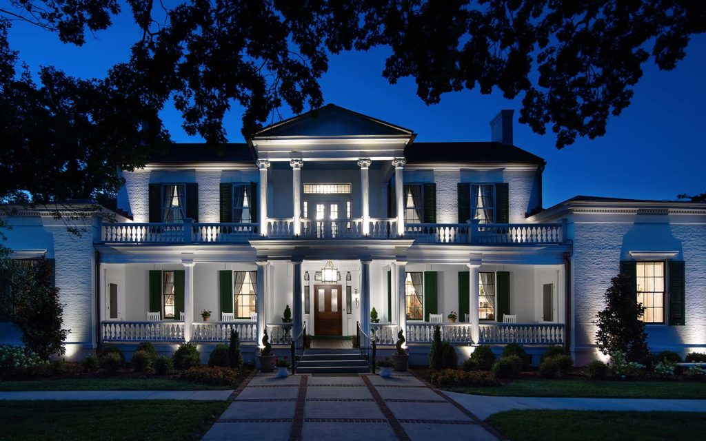 An exterior view at night of our stunningly elegant and luxury Nashville Bed and Breakfast