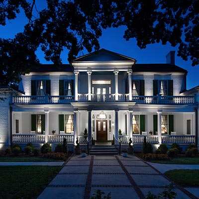 Exterior on Belle Air Mansion at dusk