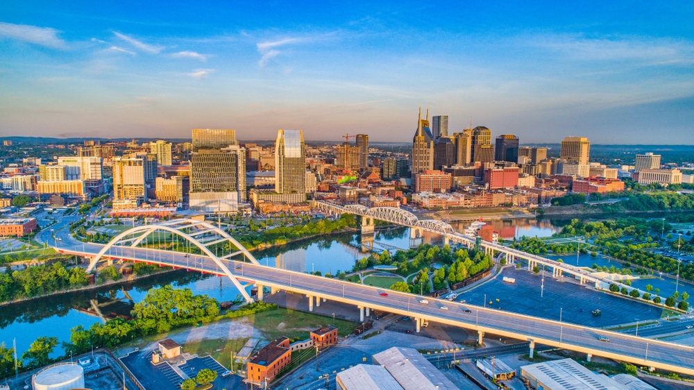 Downtown Nashville, drone shot of the downtown area 